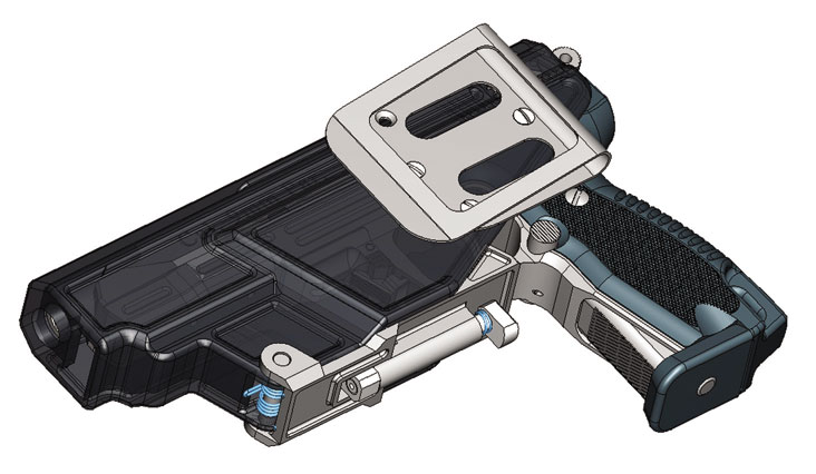 ><p>Для того, чтобы сработала эта блокирующая защелка, необходимо вставить пистолет в кобуру до упора. После чего пальцем нажать на рифленый фиксатор, расположенный на стальной защелке. При нажатом фиксаторе защелка разблокируется и остается поджатой к полимерному корпусу кобуры только пружиной.</p><p> При этом положении пистолета в кобуре и с разблокированной защелкой достаточно надавить ладонью на тыльную часть рукояти пистолета и дослать его в кобуру до срабатывания защелки и на раме пистолета, для чего в нижней части скобы спускового крючка выполнено специальное отверстие.</p><p> После фиксации пистолета защелкой, необходимо снять палец с фиксатора защелки и пистолет останется в кобуре жестко зафиксированным благодаря тому что подпружиненная защелка будет заблокирована фиксатором на полимерном корпусе кобуры. Для извлечения пистолета необходимо также нажатием пальцем на фиксатор разблокировать подпружиненную защелку и отвести эту защелку на 3 мм в сторону, после чего вынуть пистолет из кобуры.</p><p> При этом варианте извлечения пистолета из кобуры не будет произведено приведения оружия в полную боевую готовность, а будет привычное хранения пистолета, как и в обычной кобуре. Для того чтобы все-таки извлечь пистолет из этой кобуры с максимальной боевой готовностью, необходимо при извлечении оружия нажать на фиксатор защелки, отвести ее на 3 мм в сторону, но не извлекать пистолет из кобуры, а резко нажать ладонью на тыльную часть рукоятки пистолета до упора.</p><img style=