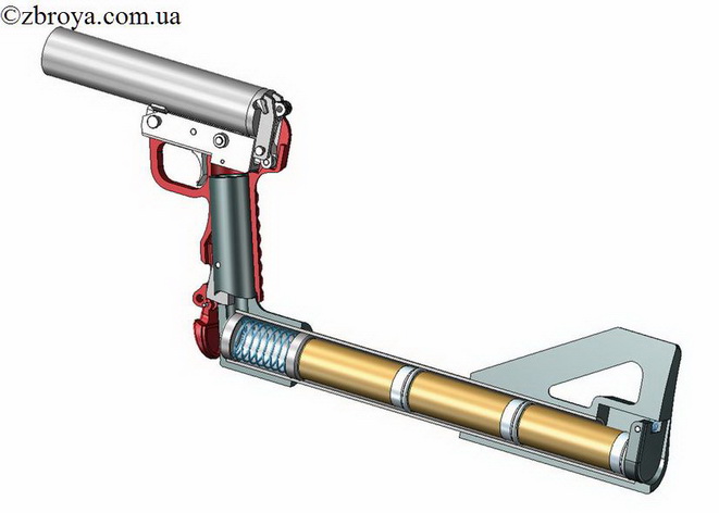 > <p>Кроме привычных всем сигнальных патронов, существуют:</p><p> — патроны с круглой резиновой пулей;</p><p> — с пластиковой пулей;</p><p> — травматического действия;</p><p> — со стальной остроконечной пулей для принудительной остановки автотранспорта;</p><p> — свето-звуковой патрон для психологического воздействия на преступника;</p><p> — патрон с зарядом картечи; патрон с контейнером, содержащим раздражающее вещество и.т.д.</p><p> Понятно, что при отстреле из ракетницы подобных патронов с увеличенной массой снаряда и, следовательно, увеличенной мощностью вышибного заряда, сила отдачи будет велика.</p><p> Для того чтобы снизить отдачу и повысить прицельность стрельбы не сигнальными, а более мощными патронами, в конструкцию пистолета был введен съемный приклад.</p>